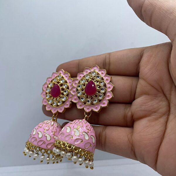 Meenakari Pink Jhumka Earrings - Image 2