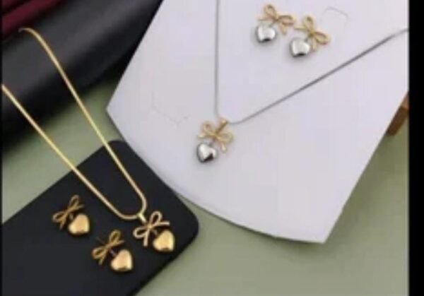 Bow heart dual tone necklace earring combo - Image 2