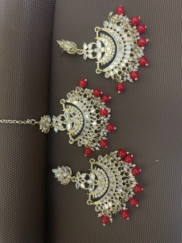 Red beads mirror Earrings Tikka combo - Image 3