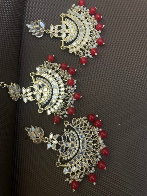 Red beads mirror Earrings Tikka combo