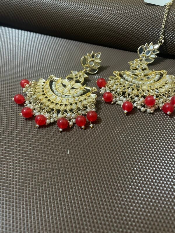 Red beads mirror Earrings Tikka combo - Image 2