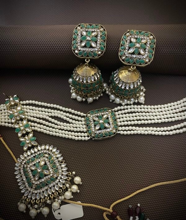 Green stone CZ  & Pearl Choker Set