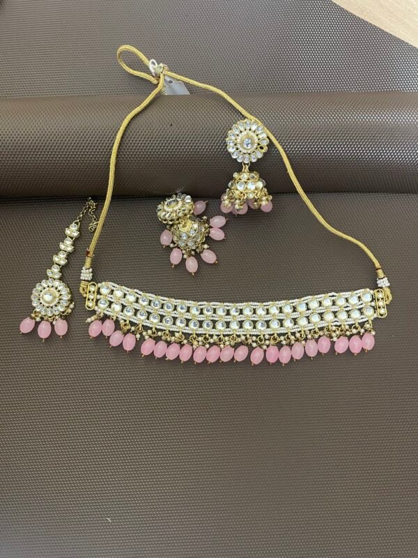 Incredible drop pink Kundan & beads Choker set - Image 3