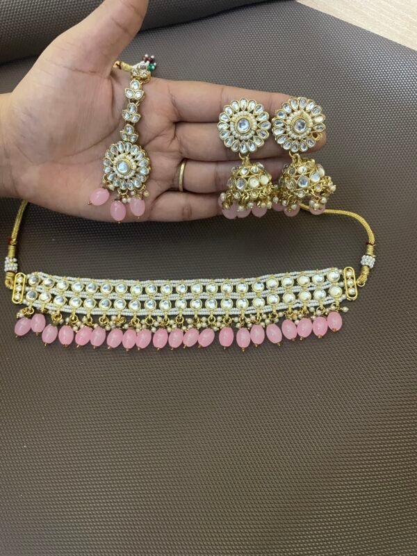 Incredible drop pink Kundan & beads Choker set - Image 2