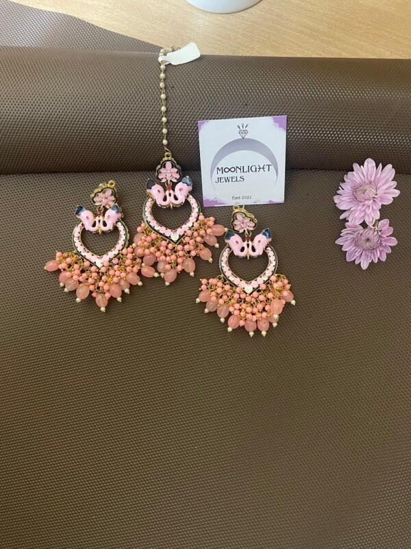Pink enamel Meenakari earrings tikka combo - Image 2