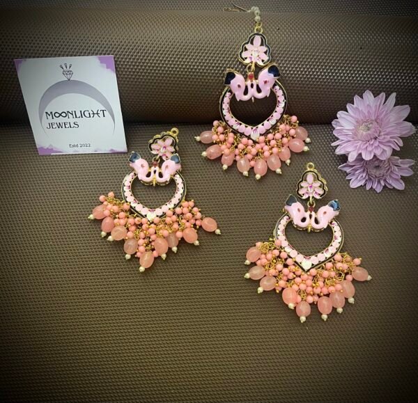 Pink enamel Meenakari earrings tikka combo